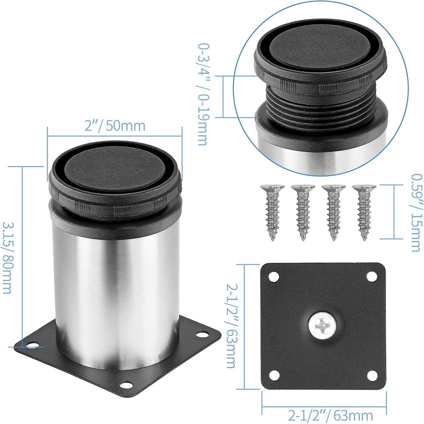 Kraftige, justerbare møbelben – moderne føtter i børstet stål til bord, skrivebord og skap